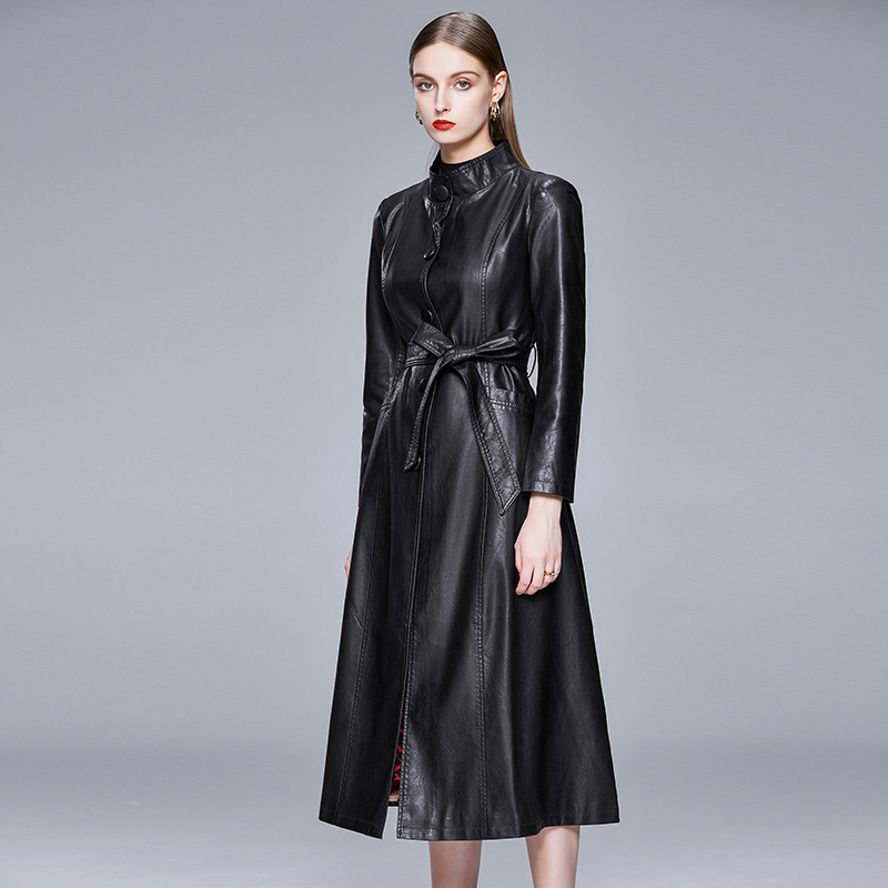 Manteau cuir femme, long, col montant, Slim 6701 new-03