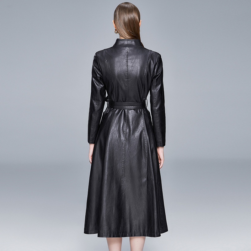 Manteau cuir femme, long, col montant, Slim 6701 new-06