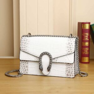 Sac à bandoulière en cuir véritable pour femme, motif crocodile Motif du ventre de Dionysos blanc