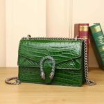 Sac à bandoulière en cuir véritable pour femme, motif crocodile Motif du ventre de Dionysos vert foncé