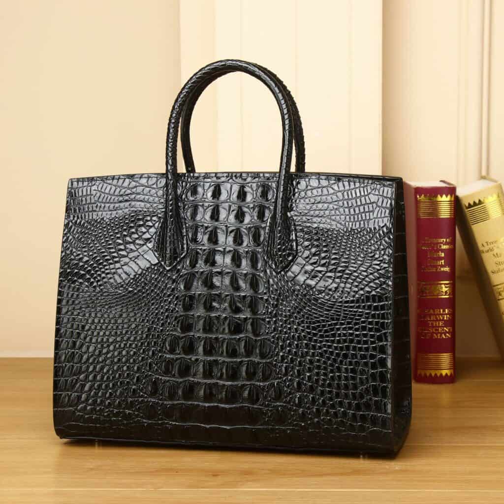 Sac à main cuir de vachette motif crocodile pour femme Platine-30A noir dos