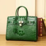 Sac à main cuir de vachette motif crocodile pour femme Platine-30A vert foncé
