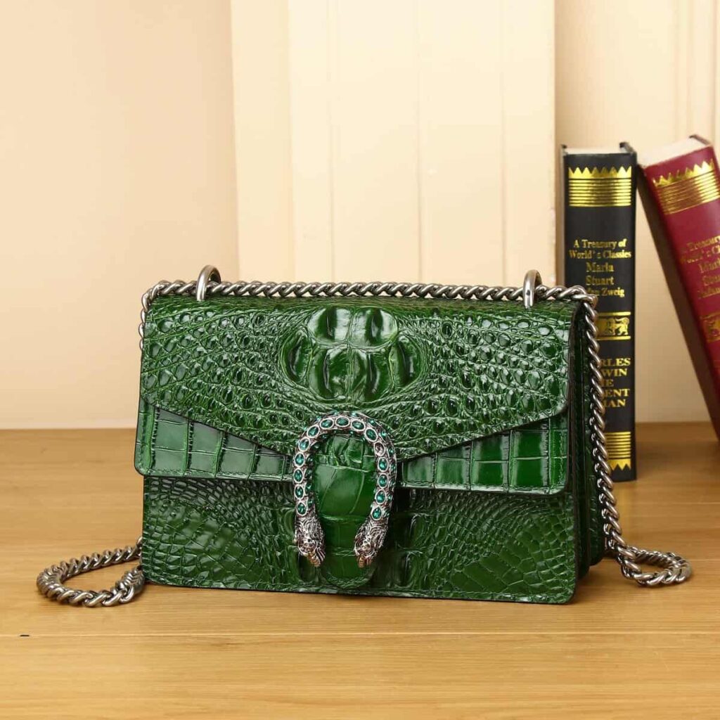 Women's leather bag with crocodile pattern. Small chain bag, Bacchus Bone, GREEN