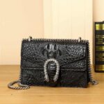 Women's leather bag with crocodile pattern. Small chain bag, Bacchus Bone, black-2