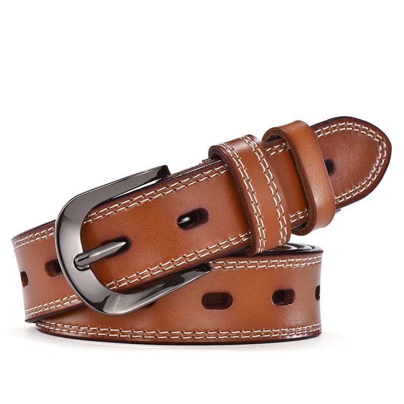 Ceinture en cuir femme, rétro boucle ardillon creuse. H038 marron jaunâtre