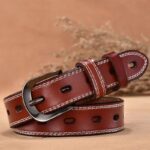 Ceinture en cuir femme, rétro boucle ardillon creuse. H038 rouge marron 02
