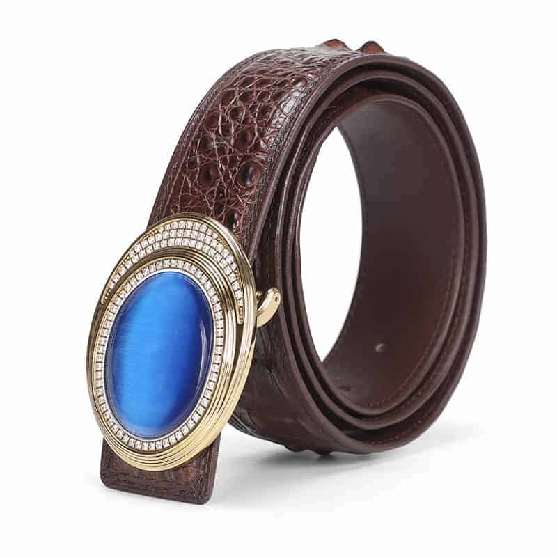Crocodile leather belt with a gold โangel's eyeโ inlay of jade. PD532-COFFEE.jpg