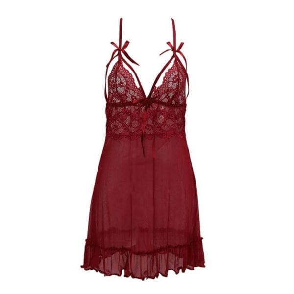 Nuisette dentelle femme, tentation, jupe à bretelles transparente. 8590 rouge vin
