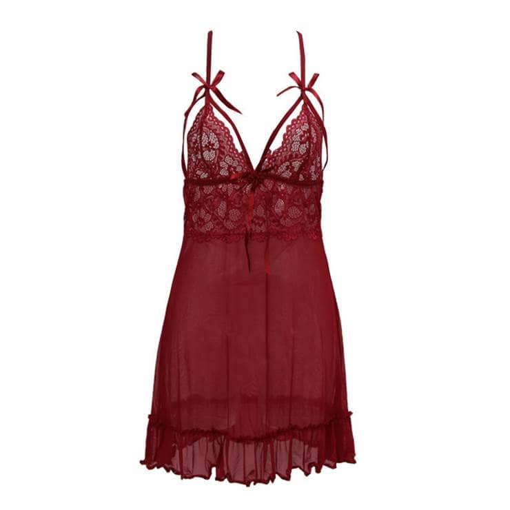 Nuisette dentelle femme, tentation, jupe à bretelles transparente. 8590 rouge vin