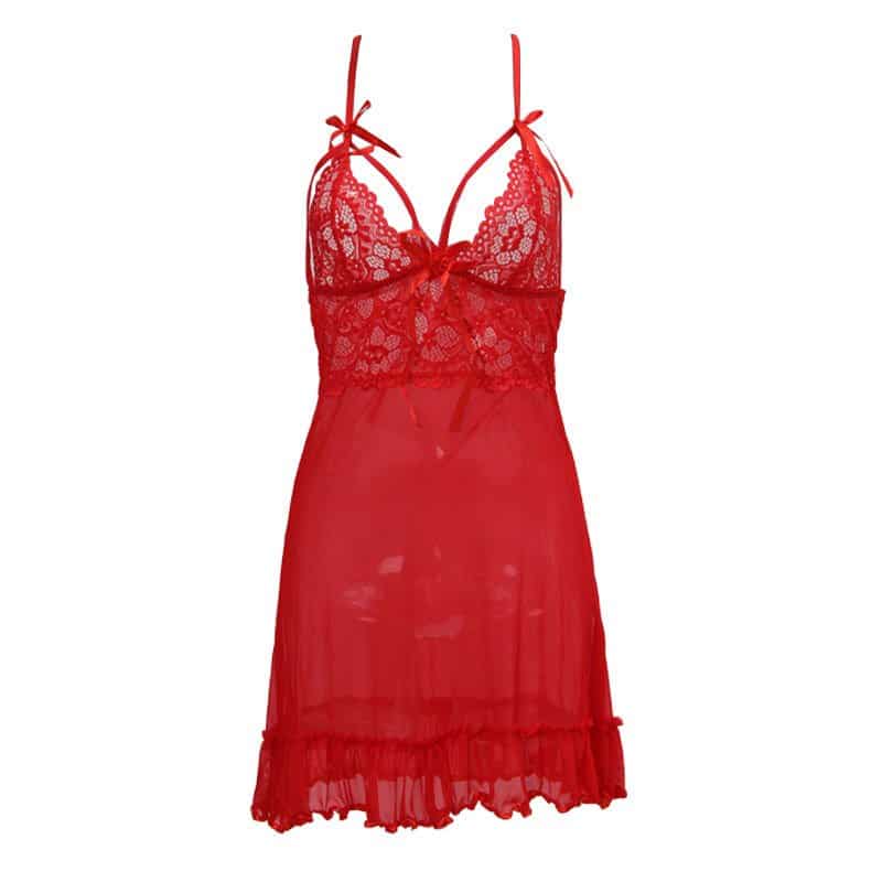 Nuisette dentelle femme, tentation, jupe à bretelles transparente. 8590 rouge