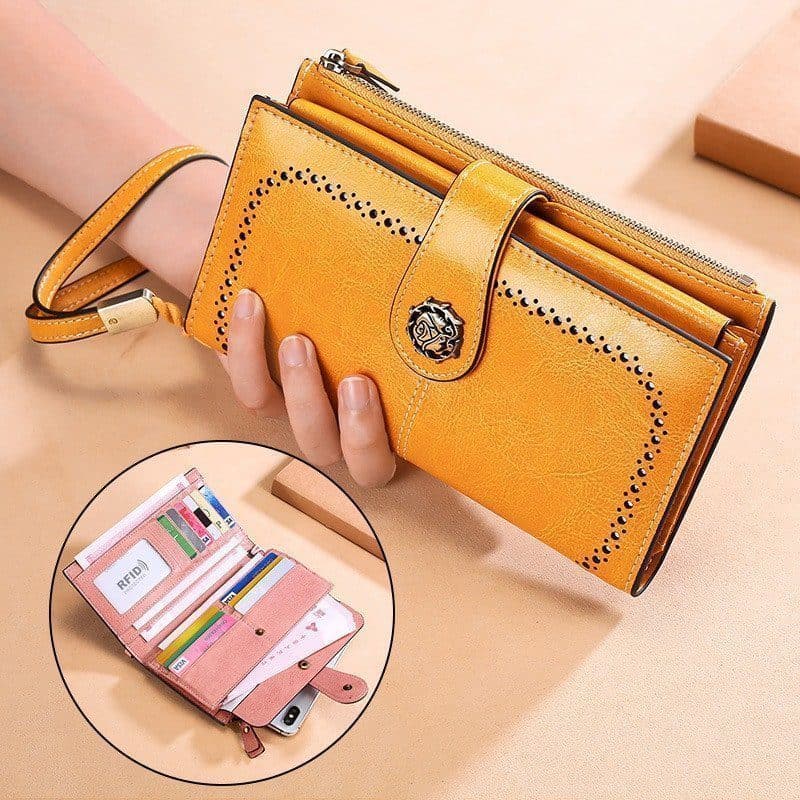 Portefeuille en cuir dames RFID, long portefeuille, porte-monnaie multifonctionnel.3526-jaune