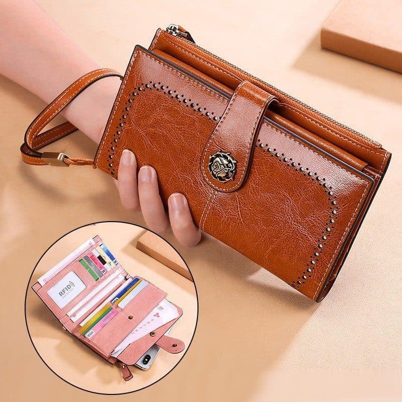Portefeuille en cuir dames RFID, long portefeuille, porte-monnaie multifonctionnel.3526-marron