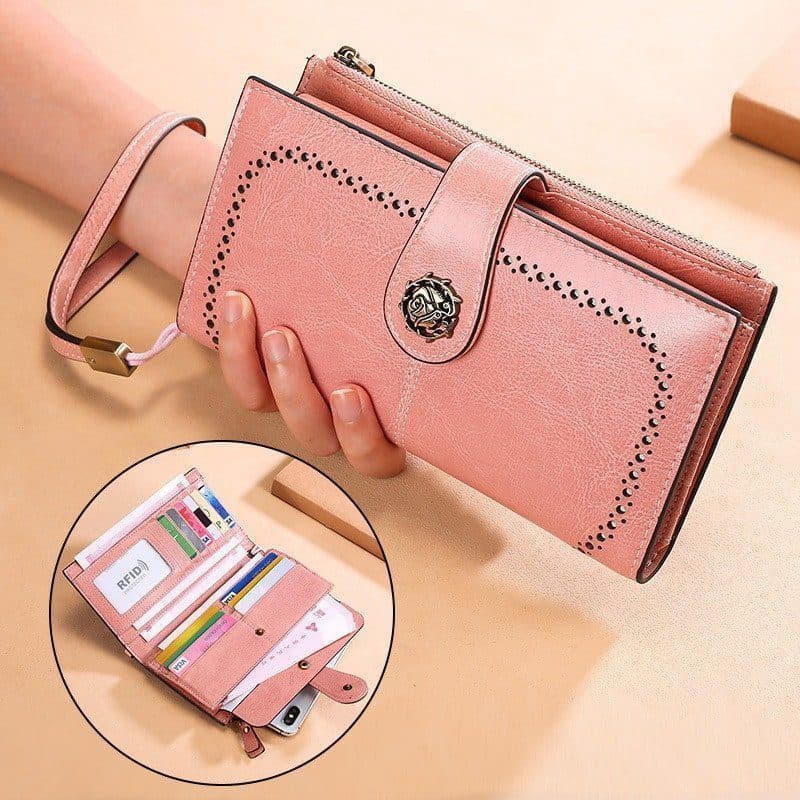 Portefeuille cuir femme, RFID, multifonctionnel, long portefeuille, porte-monnaie multifonctionnel.3526- rose