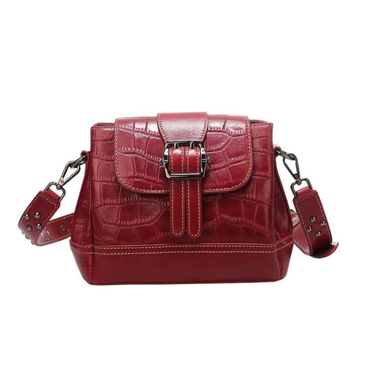 Sac à main en cuir femmes, sac en bandoulière en cuir de vachette. A649 rouge vin