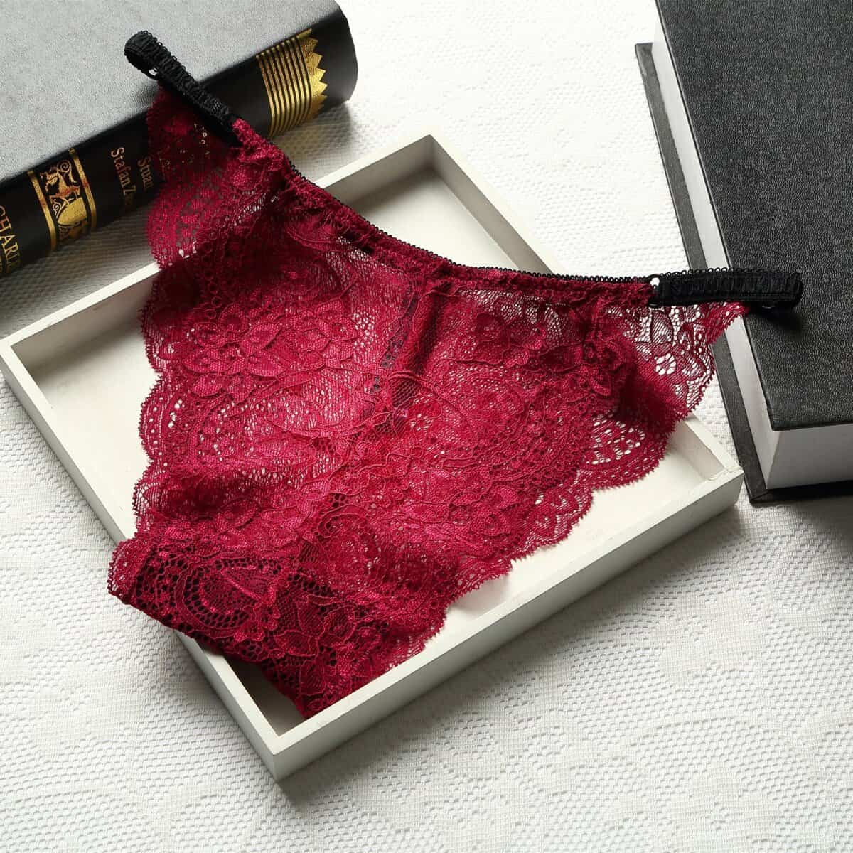 Sous-vêtements femme, sexy, taille basse sans couture pleine dentelle transparente.983# Rouge vin