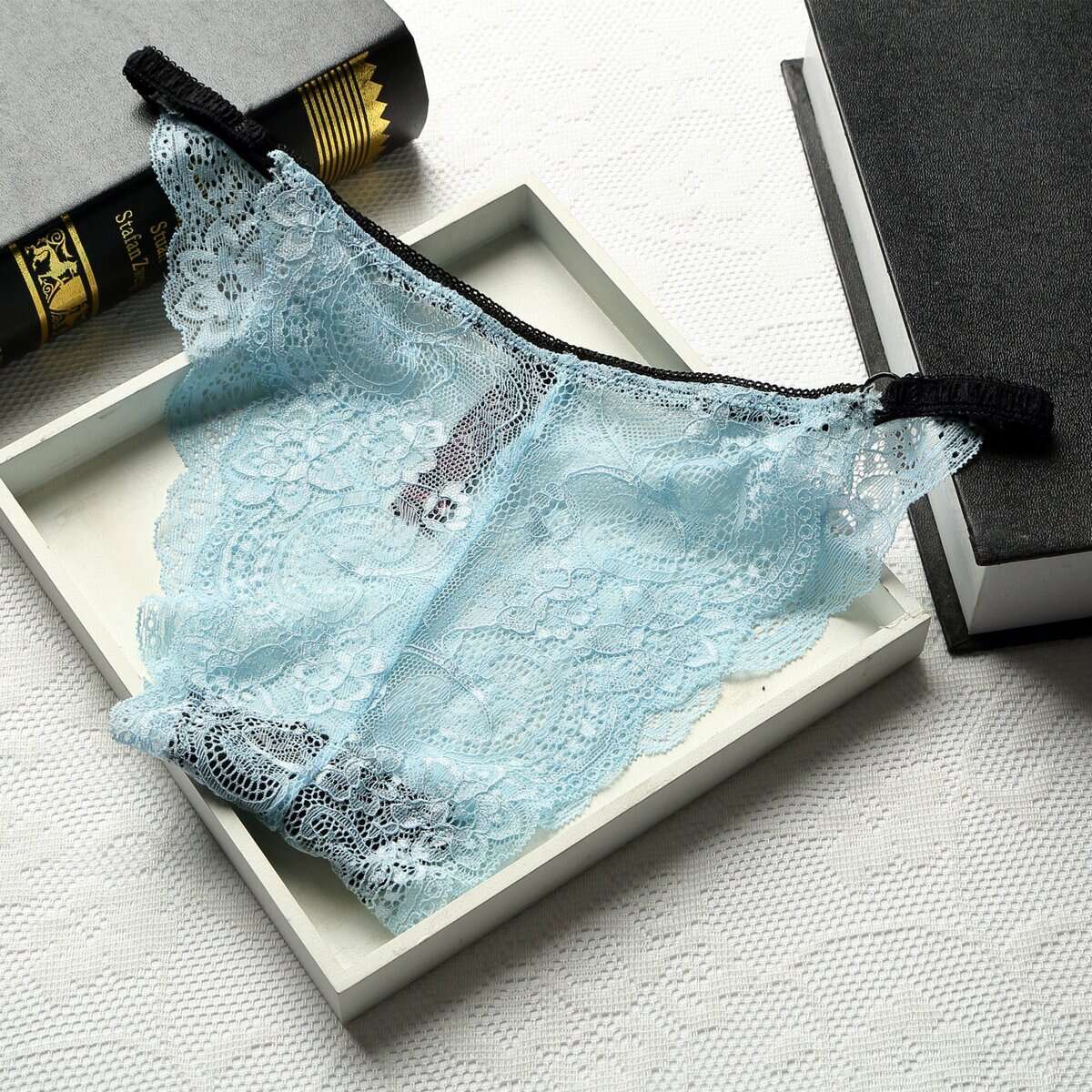 Sous-vêtements femme, sexy, taille basse sans couture pleine dentelle transparente.983# bleu ciel