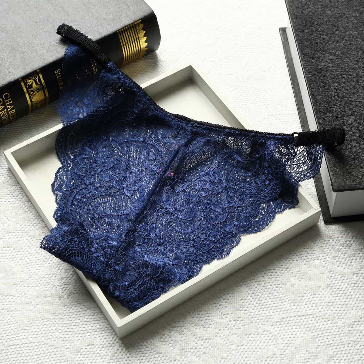 Sous-vêtements femme, sexy, taille basse sans couture pleine dentelle transparente.983# bleu foncé