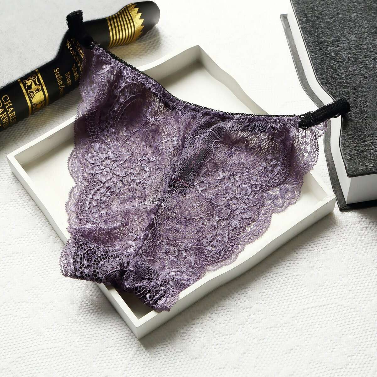 Sous-vêtements femme, sexy, taille basse sans couture pleine dentelle transparente.983# gris violet