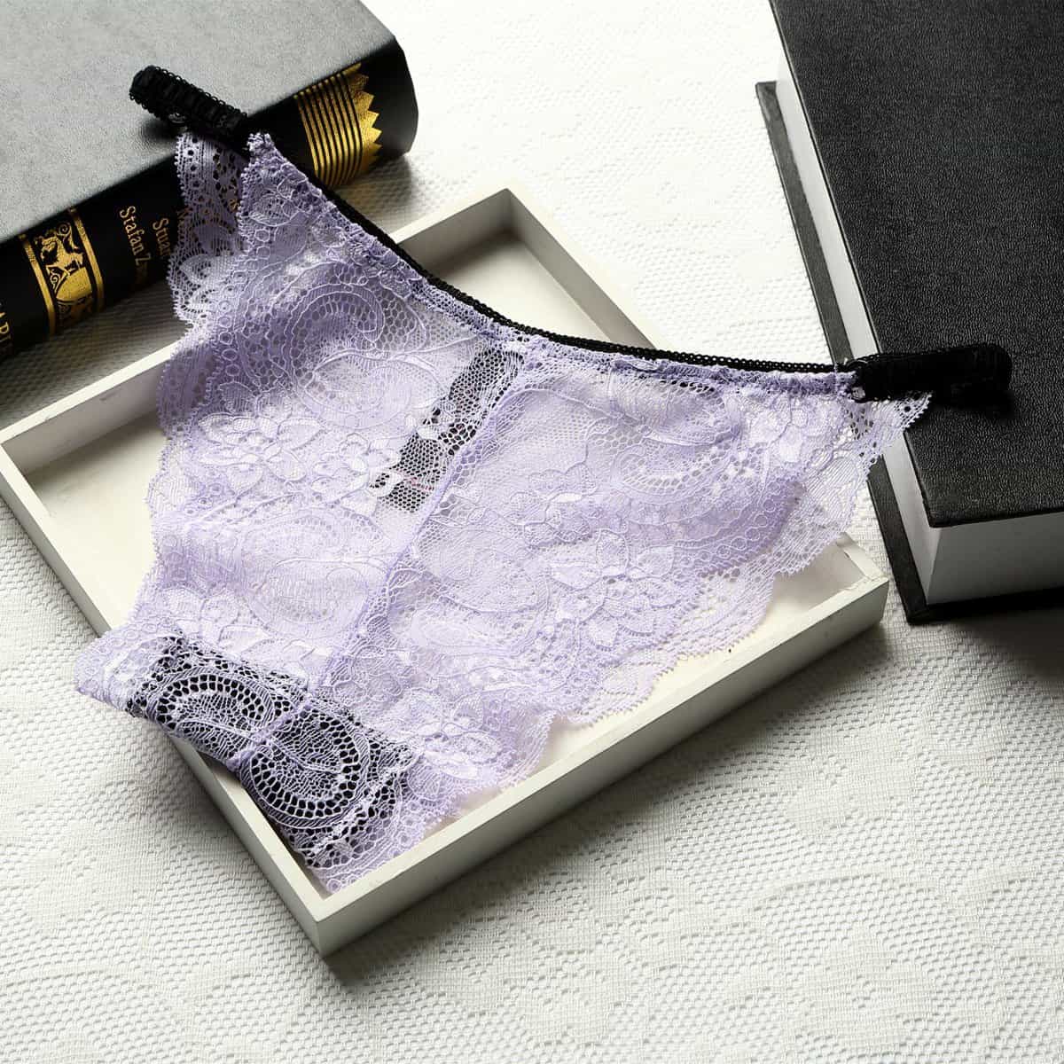 Sous-vêtements femme, sexy, taille basse sans couture pleine dentelle transparente.983# rose pourpre