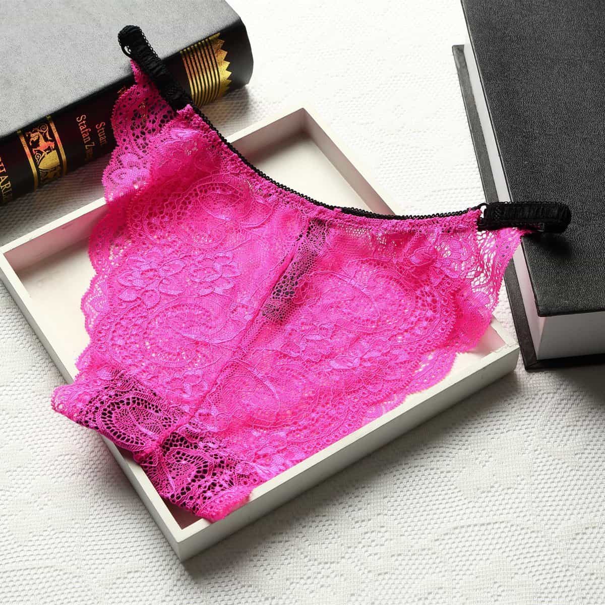 Sous-vêtements femme, sexy, taille basse sans couture pleine dentelle transparente.983# rose rouge