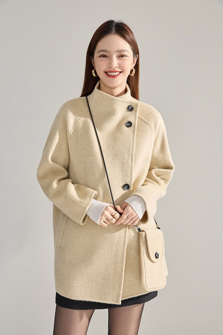 Mid-length double-faced wool coat, stand-up collar 15932 DEMO 01