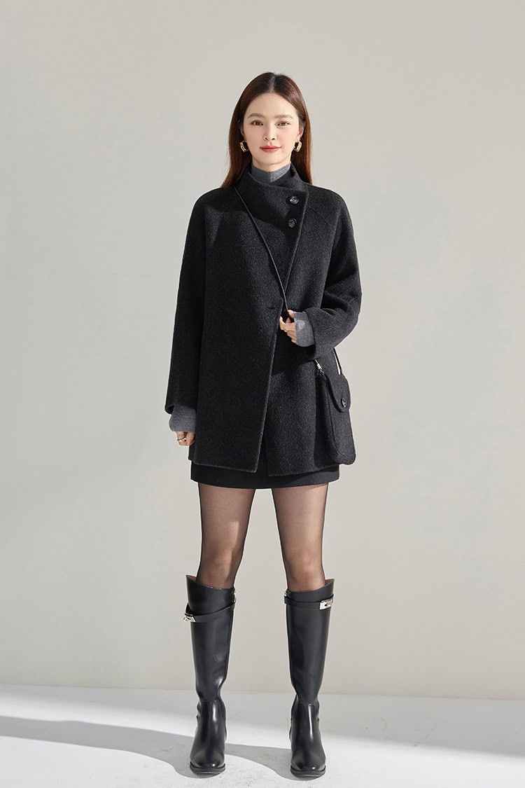 Mid-length double-faced wool coat, stand-up collar 15932 DEMO 011