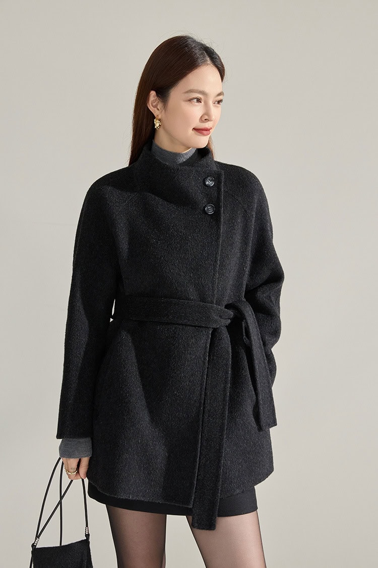 Mid-length double-faced wool coat, stand-up collar 15932 DEMO 013