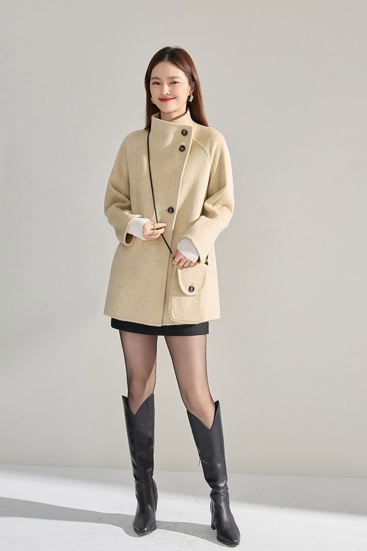 Mid-length double-faced wool coat, stand-up collar 15932 DEMO 03