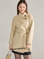Manteau mi-long en laine double face,col montant 15932 beige