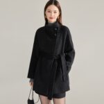 Manteau mi-long en laine double face,col montant 15932 noir