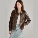Veste cuir femme, rétro à revers en cuir PU 18663 N001