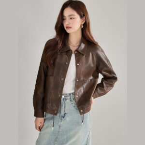 Veste cuir femme, rétro à revers en cuir PU 18663 N001