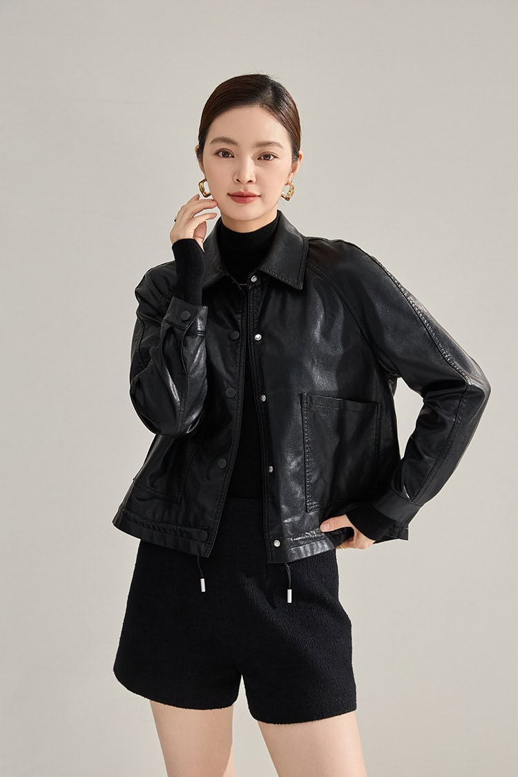 Women's retro PU leather jacket with lapels 18663 demo 011