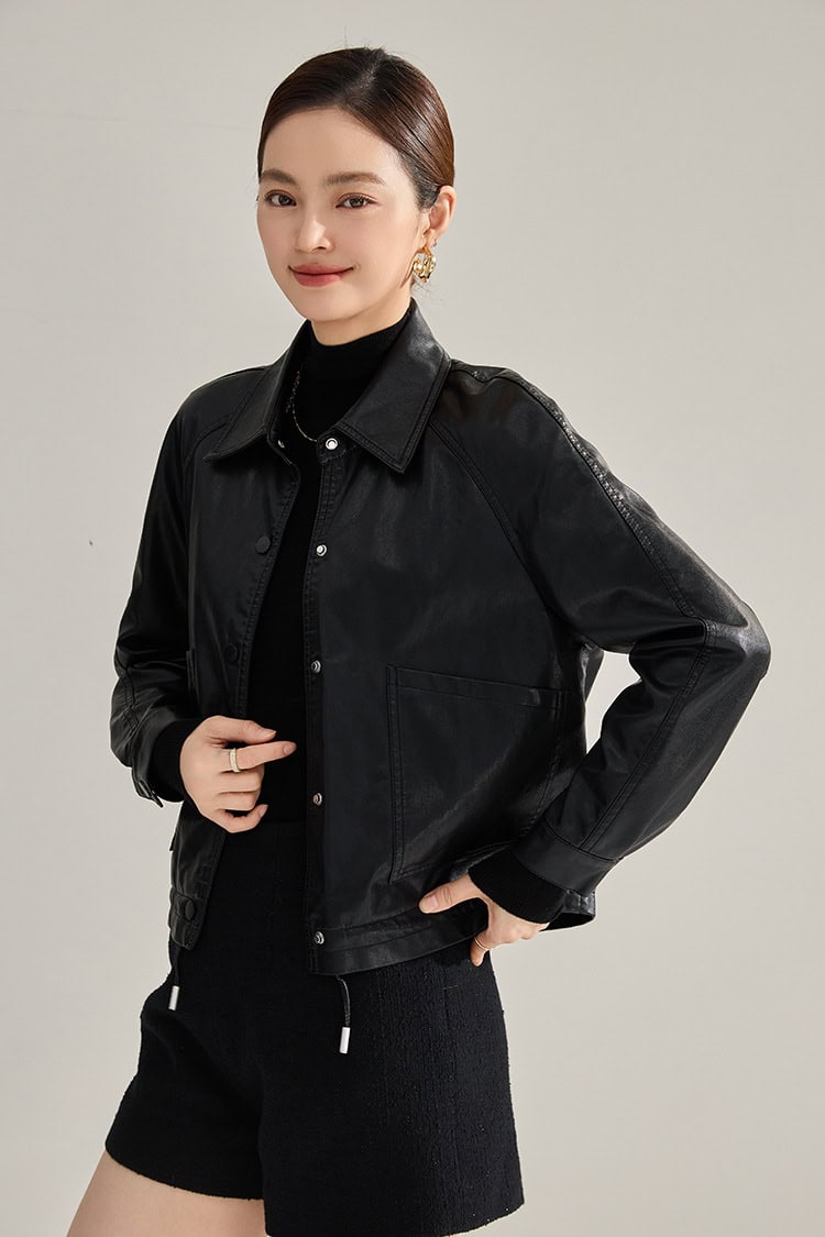 Women's retro PU leather jacket with lapels 18663 demo 012