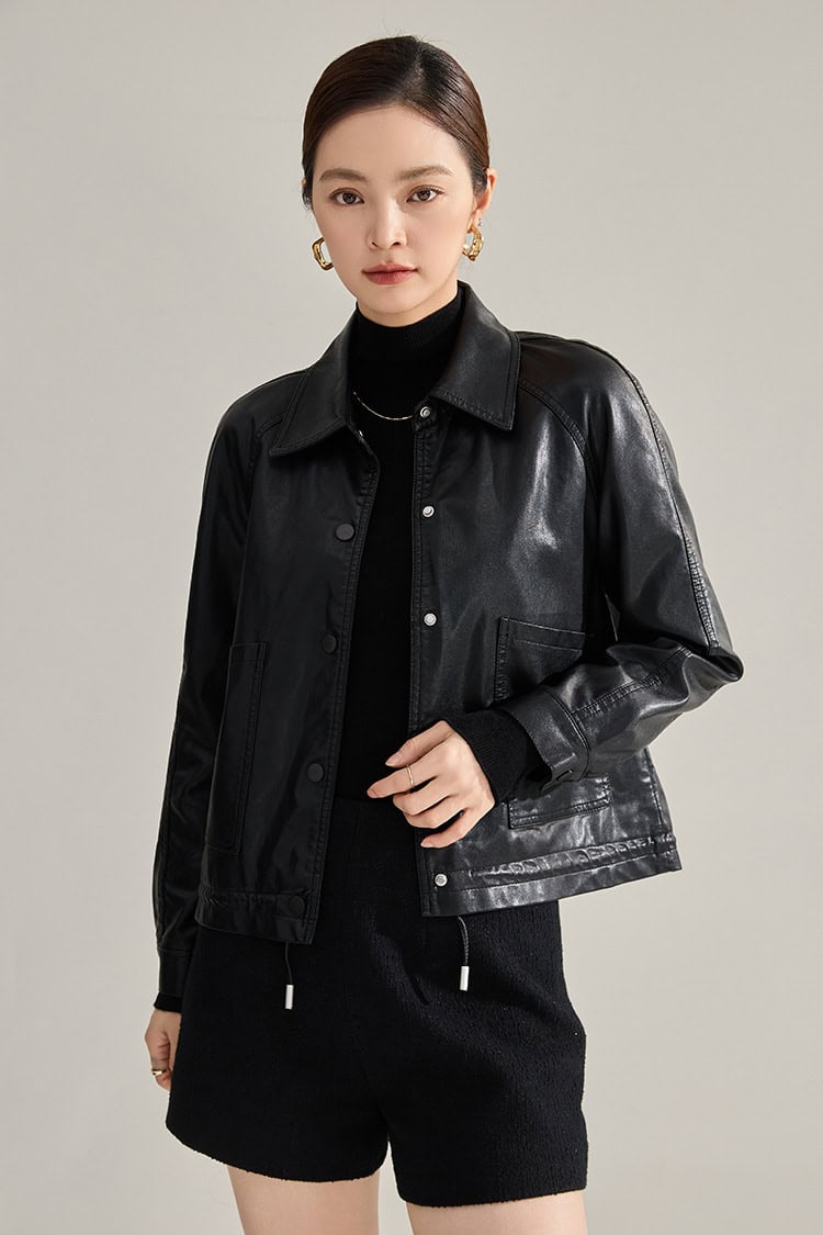 Women's retro PU leather jacket with lapels 18663 demo 014