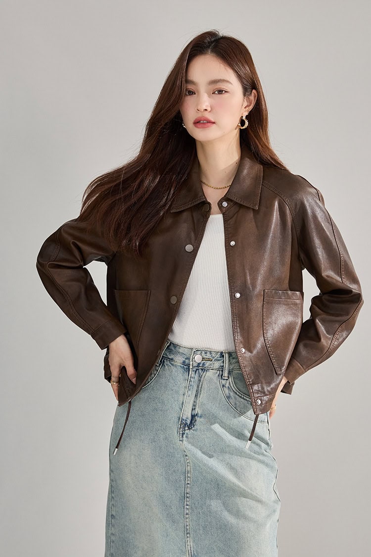 Veste cuir femme, rétro à revers en cuir PU 18663 demo 02