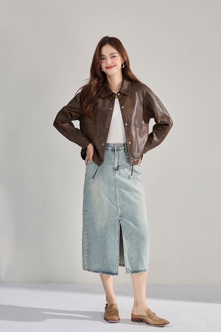 Women's retro PU leather jacket with lapels 18663 demo 05