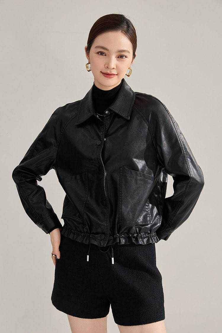 Women's retro PU leather jacket with lapels 18663 demo 06