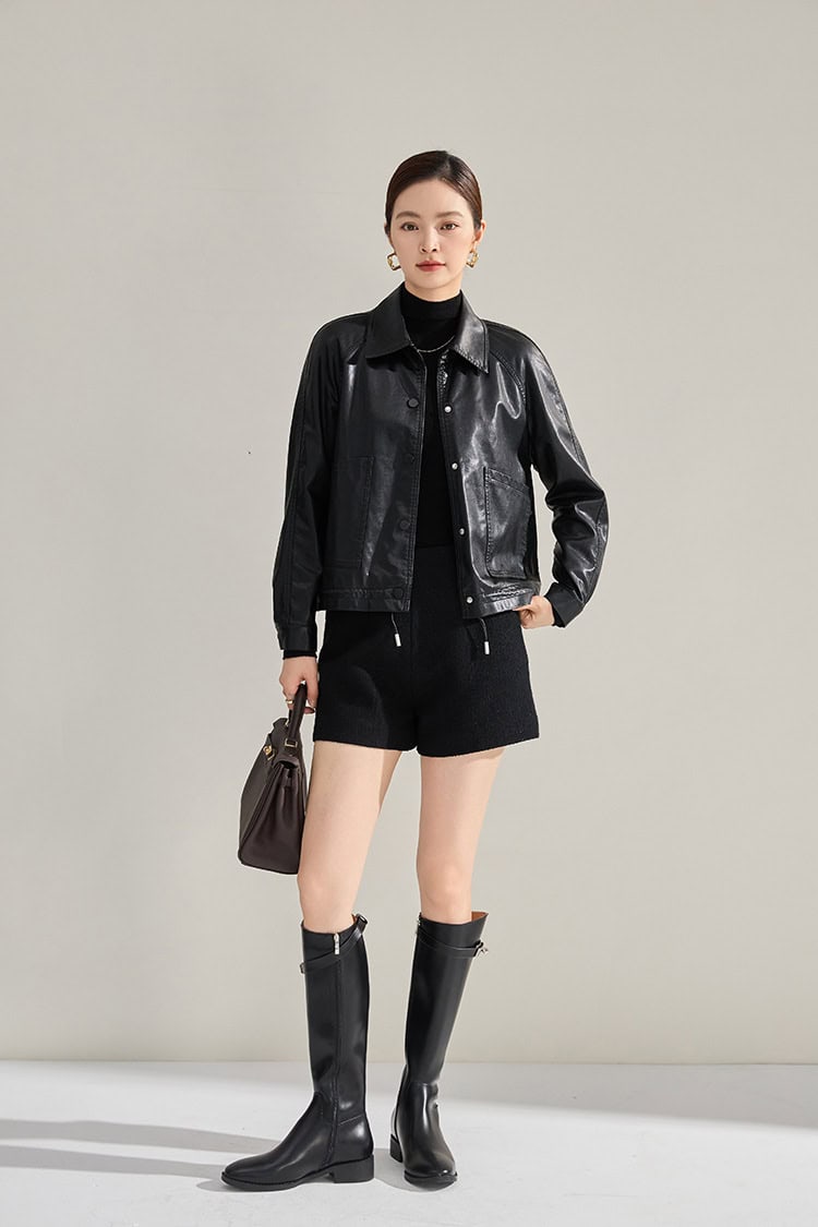 Women's retro PU leather jacket with lapels 18663 demo 07