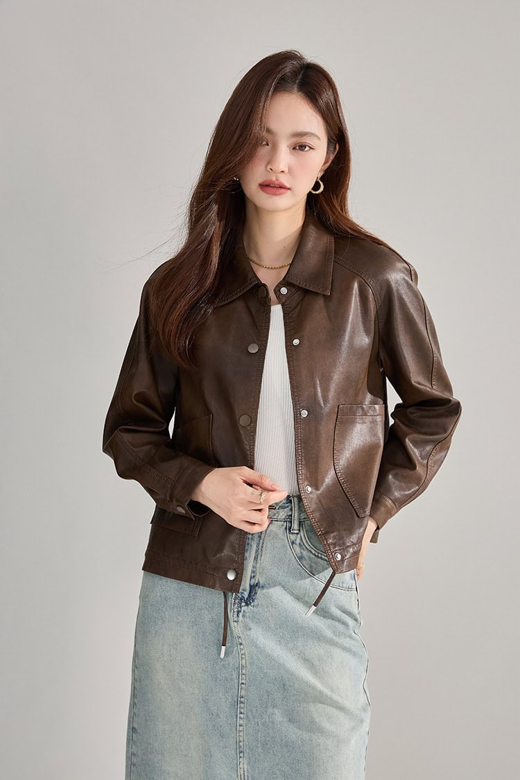 Women's retro PU leather jacket with lapels 18663 demo 08