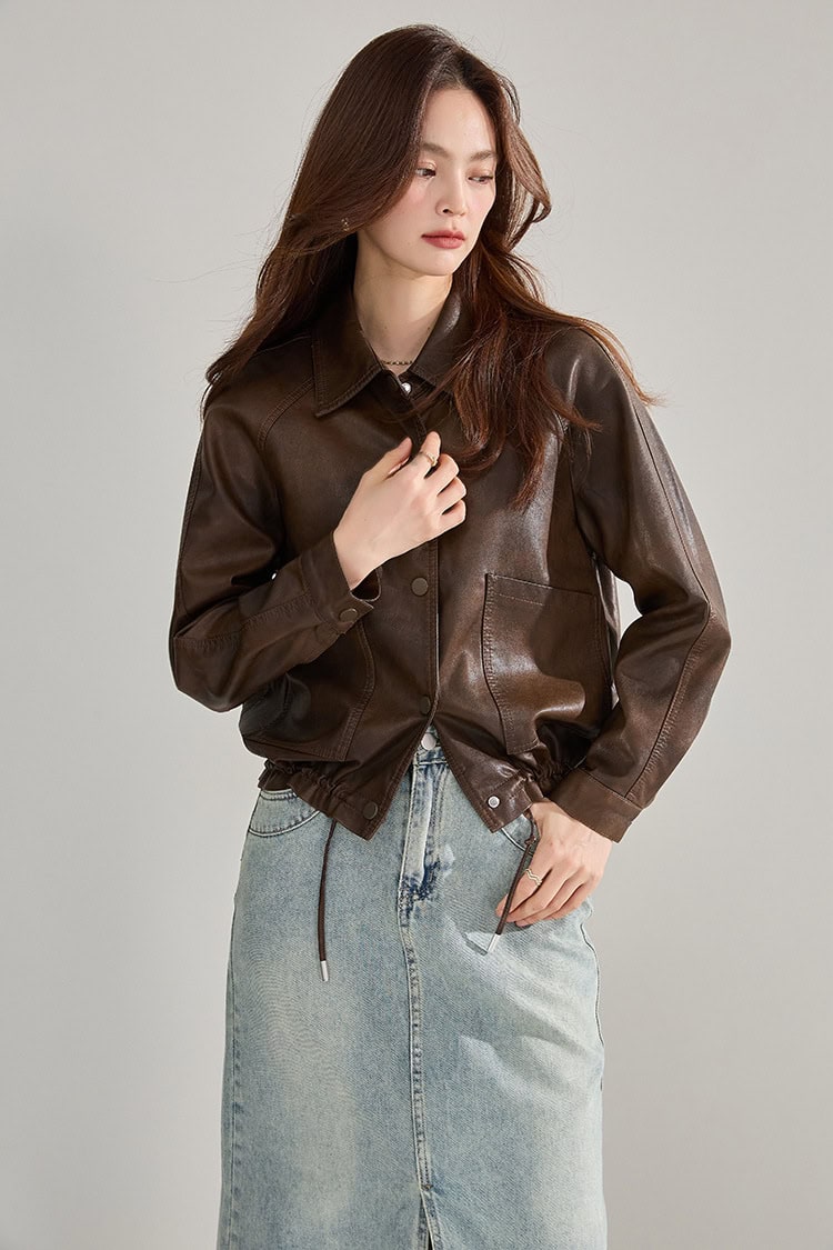 Women's retro PU leather jacket with lapels 18663 demo 09