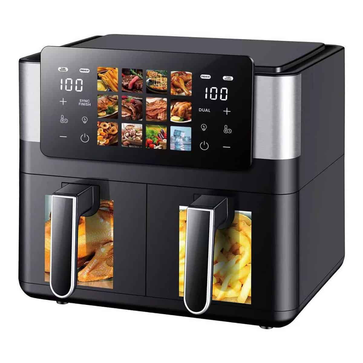 Steel dual-basket hot air fryer, 8L DH-905A, with visible plastic components