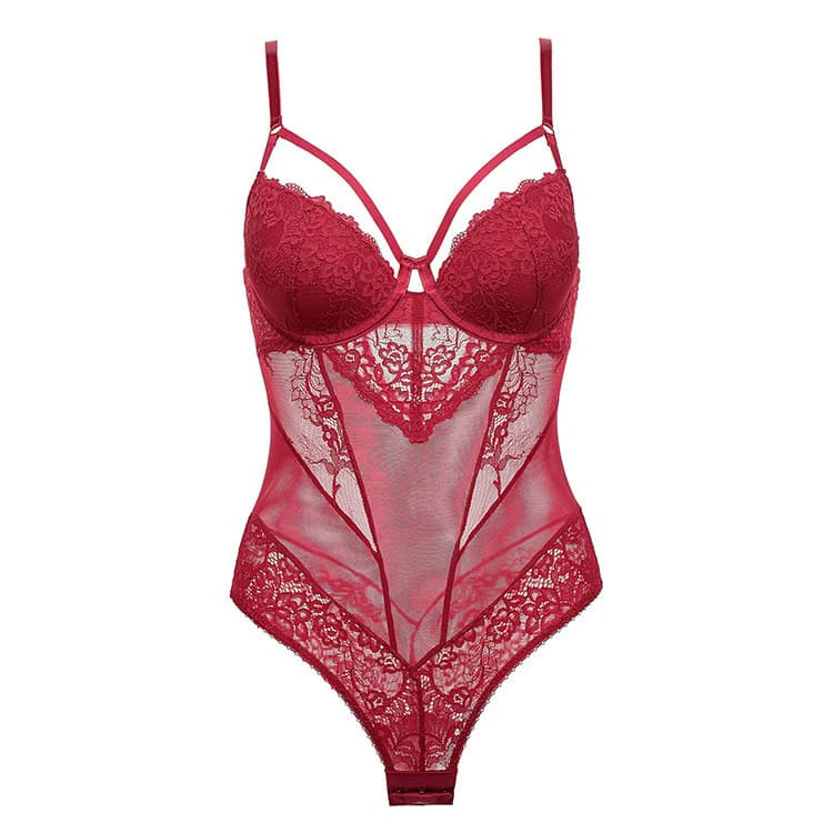 Body sexy en dentelle transparente style français L21838-ROUGE