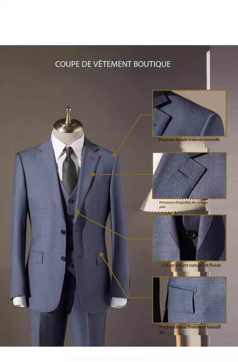 Costume trois pièces homme 100 % laine, bleu brumeux 20240228 Demo 04