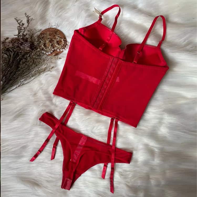 Sexy and elegant red corset lingerie with garters for women.