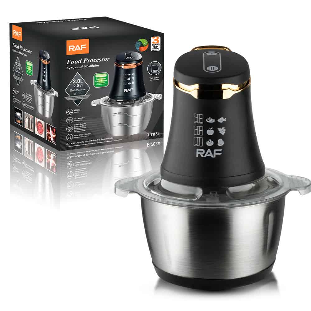 Food processor attachment with stainless steel bowl, RAF brand.