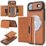 Cuir de telecomage pour téléphone avec porte-cartes et support de chargement sans fil.