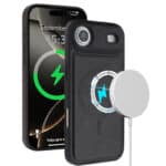 Chargeur sans fil magnétique pour iPhone avec coque de protection robuste.
