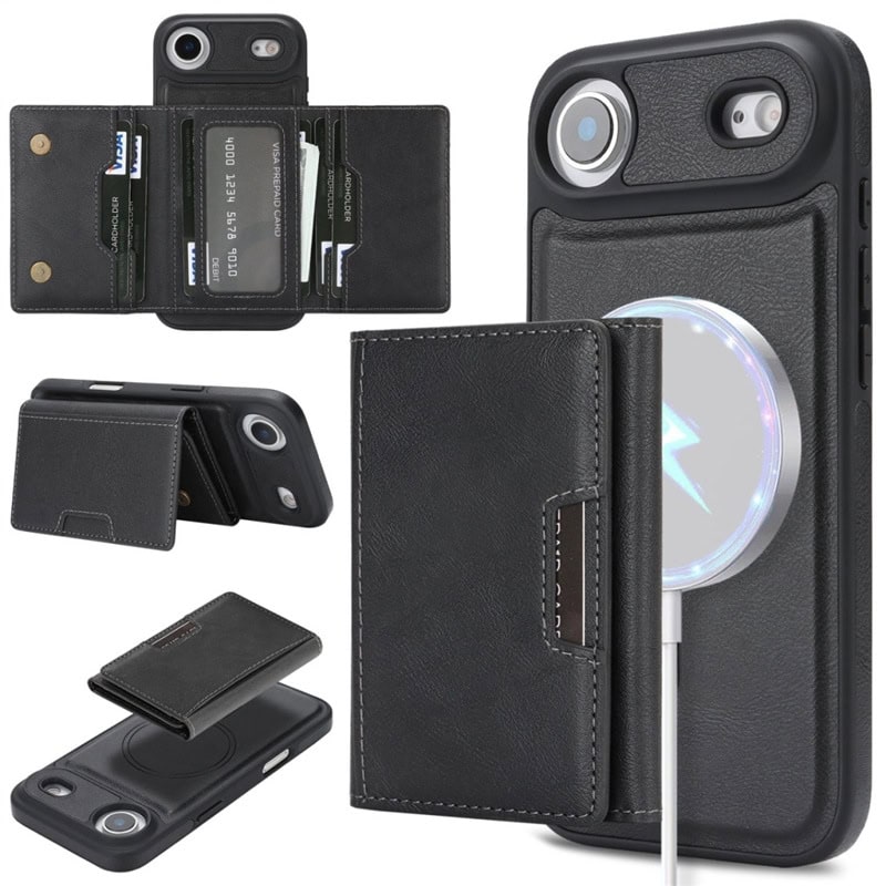 Fermeture portefeuille pour smartphone avec support et charge sans fil.