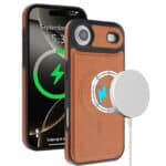 Chargeur sans fil pour iPhone avec coque en cuir, recharge rapide et élégante.